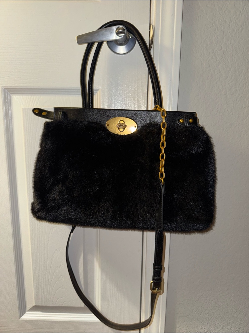 Steve Madden Black Faux Fur Satchel Handbag New with Tags